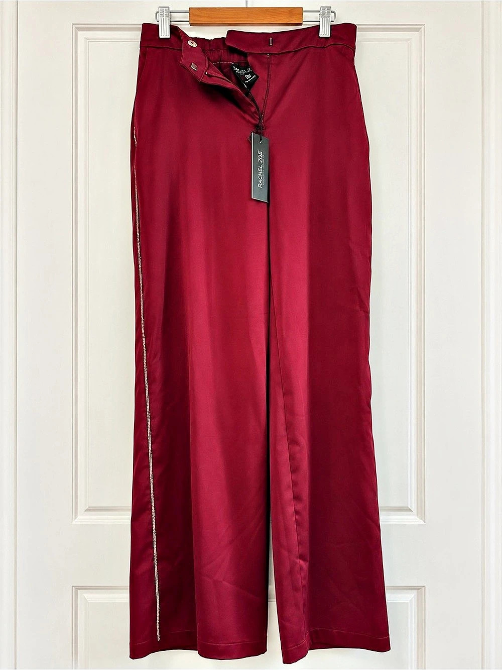 Rachel Zoe Burgundy Satin Rhinestone Trim Wide Leg Trousers Medium